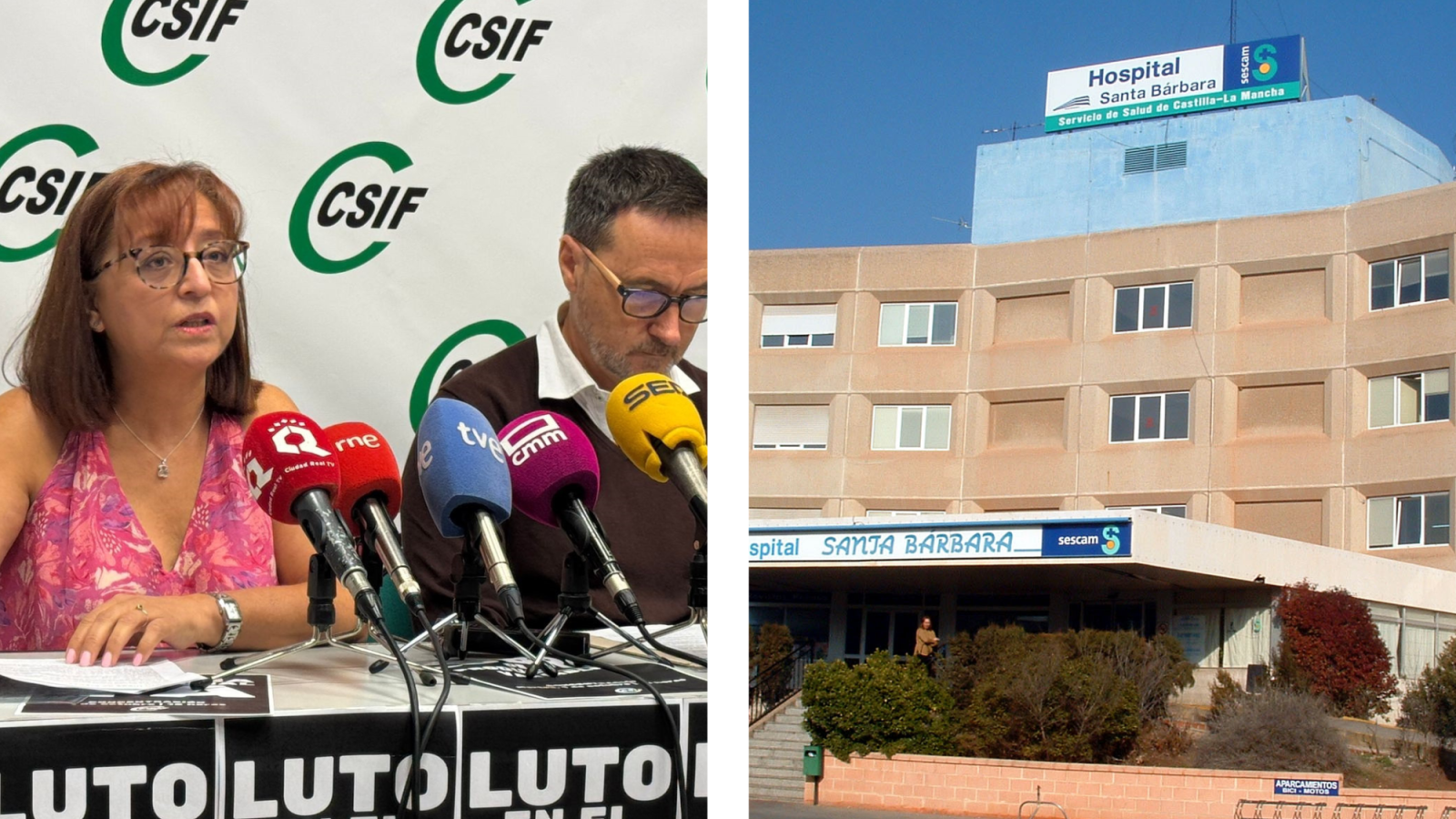 (Izquierda) - La presidenta de CSIF Sanidad en Castilla-La Mancha, Ana Isabel Fernández; y el vicepresidente, Guillermo Rubio, en rueda de prensa (Derecha) - Hospital de Puertollano, Ciudad Real 