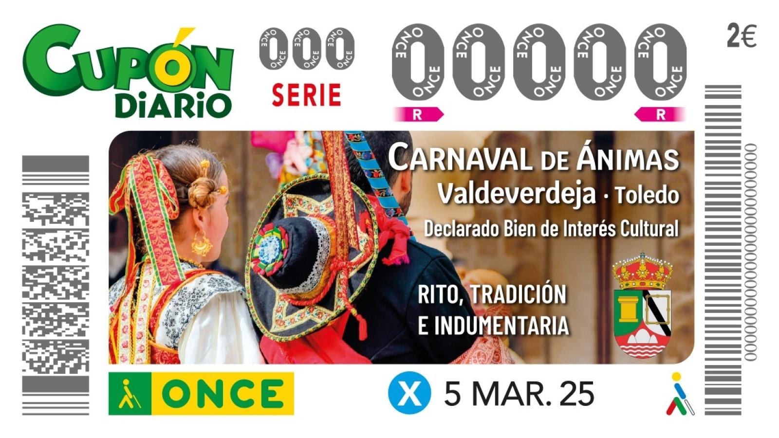 La ONCE dedica su cupón del 5 de marzo al Carnaval de un pueblo de Toledo: esta será su imagen