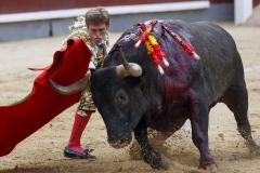 El diestro Borja Jiménez da un pase durante la Corrida de la Asociación de la Prensa dentro de la Feria de San Isidro, este miércoles en la plaza de toros de Las Ventas en Madrid.