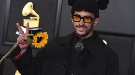 Bad Bunny arrives at the 63rd annual Grammy Awards at the Los Angeles Convention Center on Sunday, March 14, 2021. (Photo by Jordan Strauss/Invision/AP)