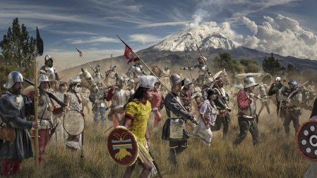 Composición del artista digital Jordi Bru que muestra al variopinto contingente que lideraba Hernán Cortés, camino a Tenochtitlán