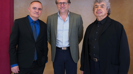 Joan Matabosch (director artístico del Teatro Real), Andreas Schager (tenor, intérprete de Tristán) y Semyon Bychkov (director musical)