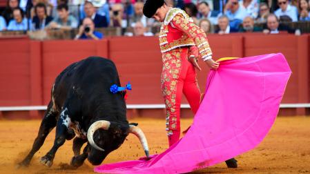 El torero Ginés Marín faena a su primer toro, de la ganadería de El Torero, en la decimotercera corrida de abono de la Feria de Abril esta tarde en la plaza de la Real Maestranza de Sevilla.