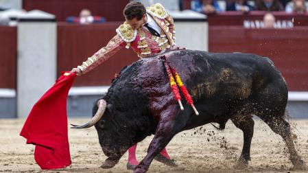 El diestro Ginés Marín durante su faena en el cuarto festejo de la Feria de San Isidro en que se ha celebrado hoy sábado en la plaza de toros de Las Ventas, en Madrid.