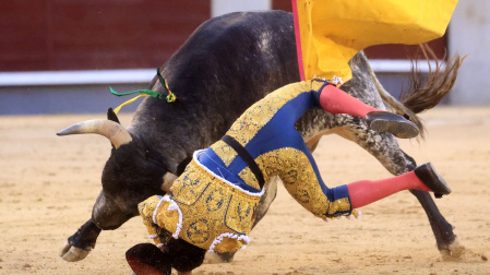 MADRID, 17/05/2023.- El novillero Marcos Linares volteado durante el séptimo festejo de la Feria de San Isidro, con novillos de la ganadería de Los Maños, este miércoles en la plaza Las Ventas de Madrid.