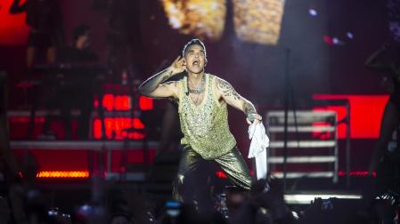 Robbie Williams performs at Heartland Festival, in Kvaerndrup, Denmark