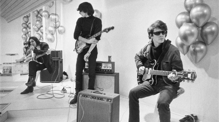 This image released by Apple TV+ shows Moe Tucker, John Cale, Sterling Morrison and Lou Reed from the documentary "The Velvet Underground." (Nat Finkelstein Estate/Apple TV+ via AP)