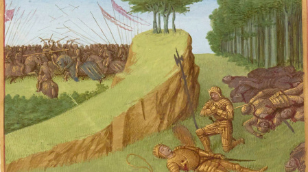 atalla de Roncesvalles en 778. Muerte de Roldán, en las Grandes Crónicas de Francia, ilustradas por Jean Fouquet, Tours, hacia 1455-1460