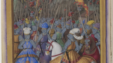 Gendarmes franceses en una miniatura de Jean Bourdichon (1457-1521) para el poema Voyage des Gênes (ca. 1507-1520) de Jean Marot (ca. 1450-ca. 1526/1527)