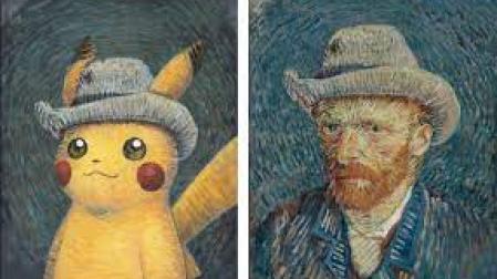 A la izquierda, el Pokémon ataviado con el sombrero de fieltro gris, junto al «Autorretrato» de Van Gogh