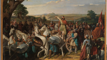 "El rey don Rodrigo arengando a los jefes de su ejército antes de dar la batalla del Guadalete" (1871), de Bernardo Blanco y Pérez