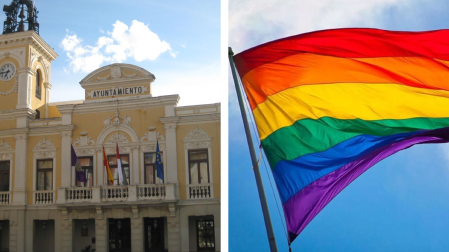 Imagen del Ayuntamiento de Guadalajara y otra imagen de una bandera LGBT