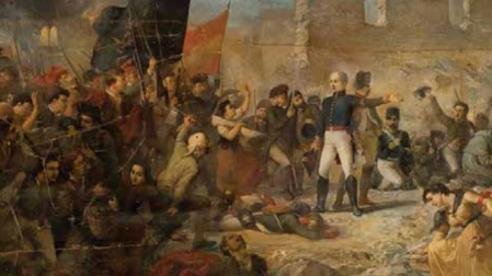 El pintor realista Ramón Martí Alsina recrea aquí uno de los episodios de la Guerra de la Independencia en la Península, el sitio de Girona de 1809, otra muestra de la heroica resistencia de los catalanes frente al invasor francés.