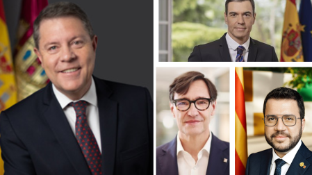 (izq) El presidente de Castilla-La Mancha, Emiliano García-Page; (drch) el presidente del Gobierno de España, Pedro Sánchez junto al presidente del PSC, Salvador Illa y el presidente de ERC, Pere Aragonés