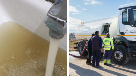 Imagen de un grifo con agua turbio y otra de un camión cisterna de la Diputación de Guadalajara 