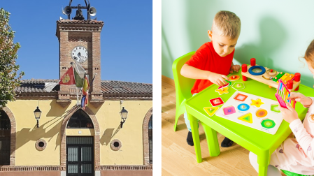 Una imagen del Ayuntamiento de Rielves (Toledo) y otra imagen de unos niños en una ludoteca infantil