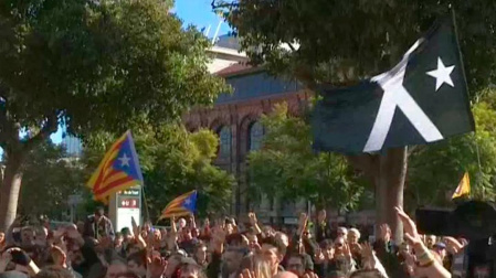 La bandera negra ondea junto a la estelada en una manifestación