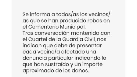 Comunicado del Ayuntamiento de Montearagón (Toledo) sobre el último robo en el cementerio municipal