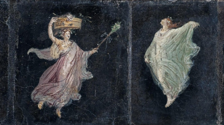 Fragmentos de pintura mural con ménades danzantes, primer cuarto del siglo I d.C., Villa de Cicerón, Pompeya. Nápoles, Museo Arqueológico Nacional de Nápoles