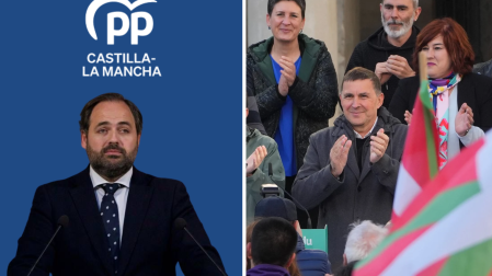 (i) El presidente del PP de Castilla-La Mancha, Francisco Núñez (d) El coordinador de EH Bildu, Arnaldo Otegi, durante un acto de campaña