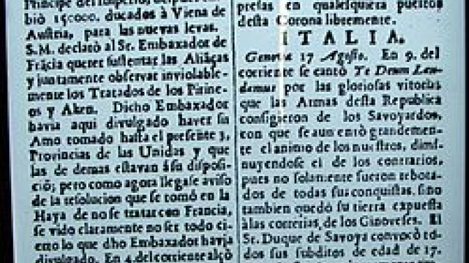 Gazeta de Ámsterdam, Países Bajos, 12 de septiembre de 1672. Los hebreos de Ámsterdam imprimían un periódico que muestra, en primera plana, el interés de la comunidad judía por lo que sucedía en ese entonces en Madrid y, leía además las noticias en español—después de 180 años de haber sido expulsada de España (1492; Beth Hatefutsoth).