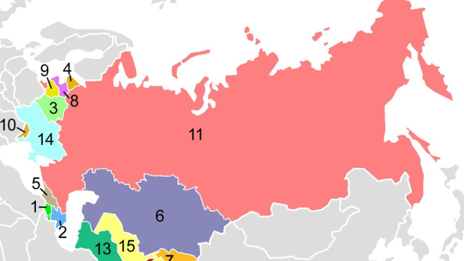 Antiguas repúblicas soviéticas en orden alfabético: 1. Armenia 2. Azerbaiyán 3. Bielorrusia 4. Estonia 5. Georgia 6. Kazajistán 7. Kirguistán 8. Letonia 9. Lituania 10. Moldavia 11. Rusia 12. Tayikistán 13. Turkmenistán 14. Ucrania 15. Uzbekistán