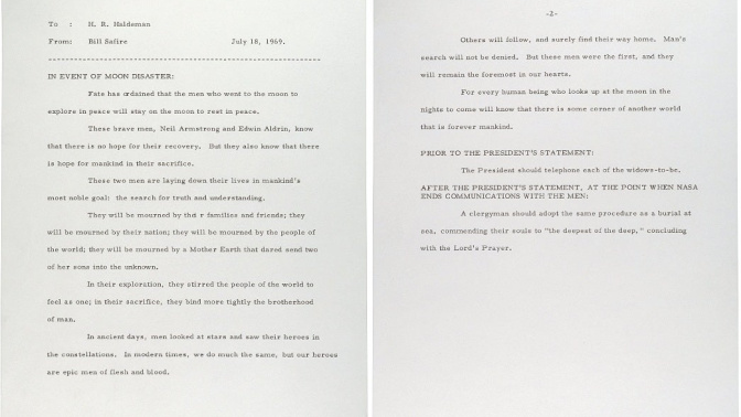 Discurso escrito por Bill Safire el 18 de julio de 1969, que sería recitado por el presidente de EEUU en el caso de que el Apolo 11 no hubiese conseguido completar su misión con éxito