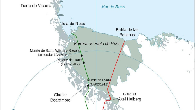 Las rutas hacia el Polo Sur tomadas por Scott (verde) y Amundsen (rojo) | Fuente: Dominio Público