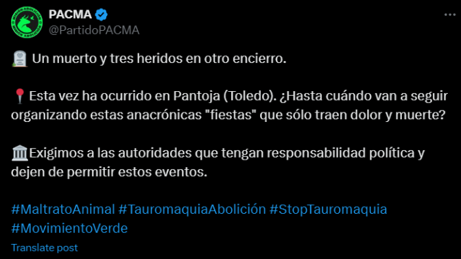 PACMA lamenta lo ocurrido en el encierro de Pantoja (Toledo)