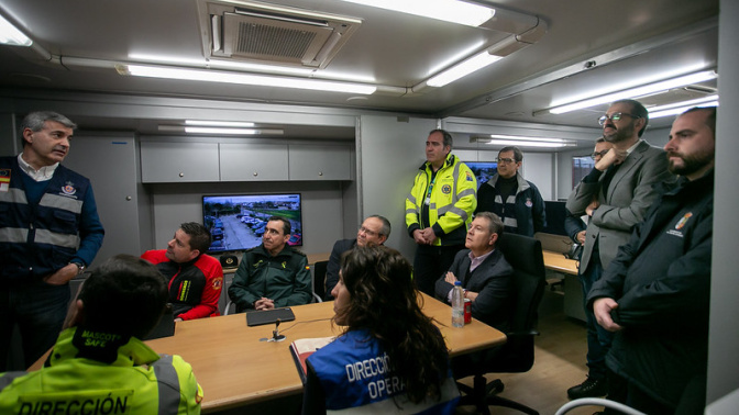 Reunión del Centro de Coordinación Operativa (CECOP) en el puesto de mando avanzado ubicado en Escalona